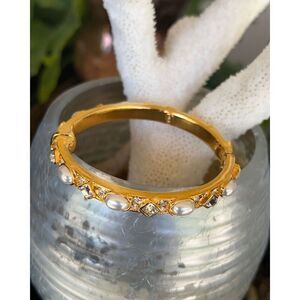 Gold Crystal Pearl Cabochon Kenneth J Lane Hinged Bracelet